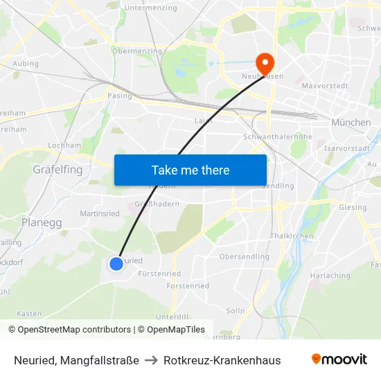 Neuried, Mangfallstraße to Rotkreuz-Krankenhaus map