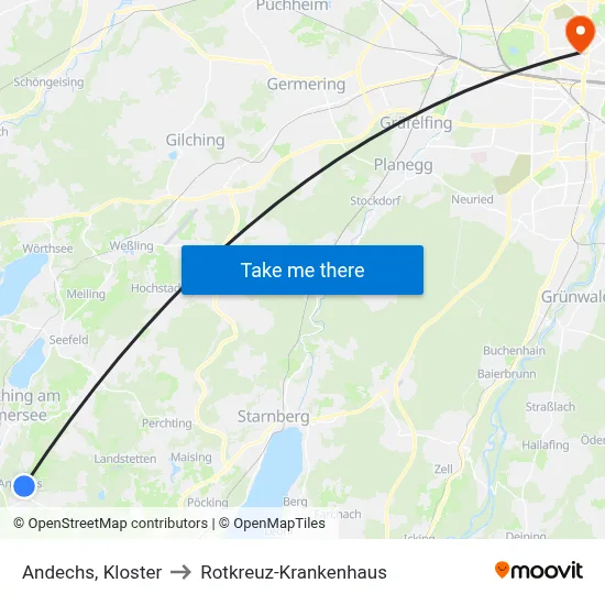 Andechs, Kloster to Rotkreuz-Krankenhaus map