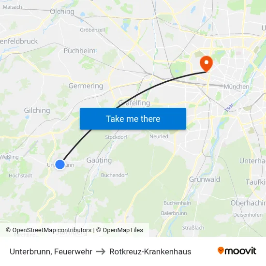 Unterbrunn, Feuerwehr to Rotkreuz-Krankenhaus map