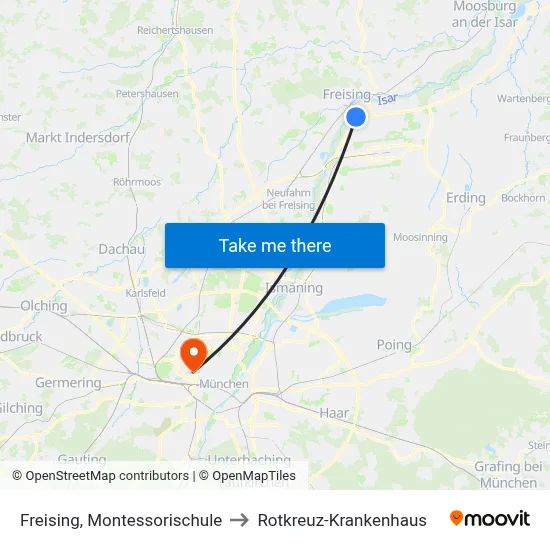 Freising, Montessorischule to Rotkreuz-Krankenhaus map