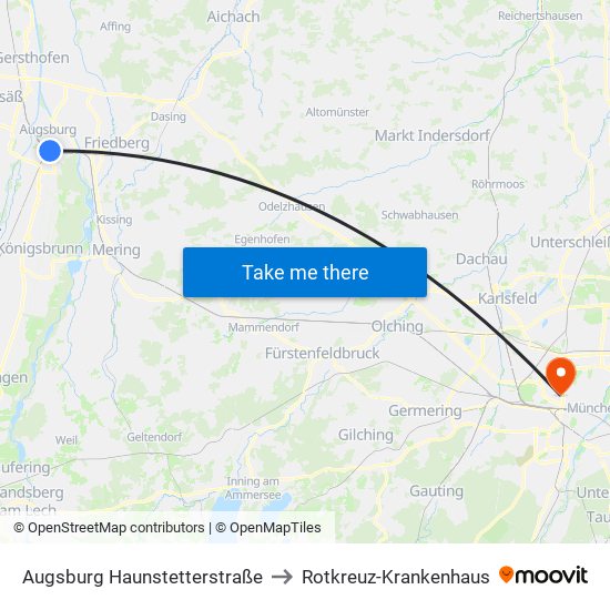 Augsburg Haunstetterstraße to Rotkreuz-Krankenhaus map