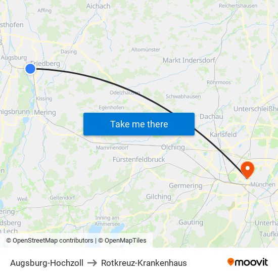 Augsburg-Hochzoll to Rotkreuz-Krankenhaus map