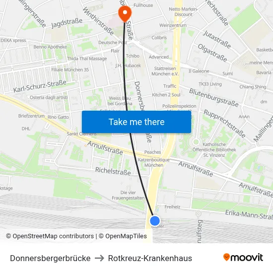 Donnersbergerbrücke to Rotkreuz-Krankenhaus map
