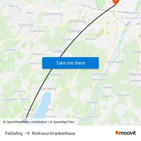 Feldafing to Rotkreuz-Krankenhaus map