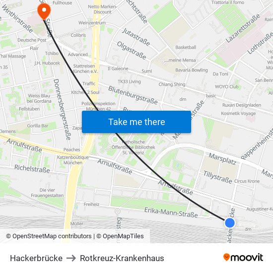 Hackerbrücke to Rotkreuz-Krankenhaus map