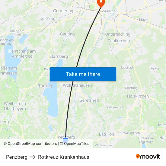 Penzberg to Rotkreuz-Krankenhaus map