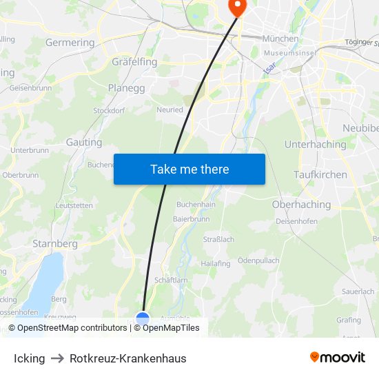 Icking to Rotkreuz-Krankenhaus map