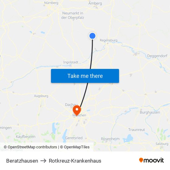 Beratzhausen to Rotkreuz-Krankenhaus map