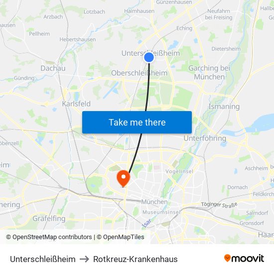 Unterschleißheim to Rotkreuz-Krankenhaus map