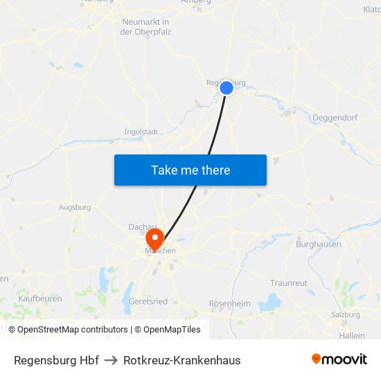 Regensburg Hbf to Rotkreuz-Krankenhaus map