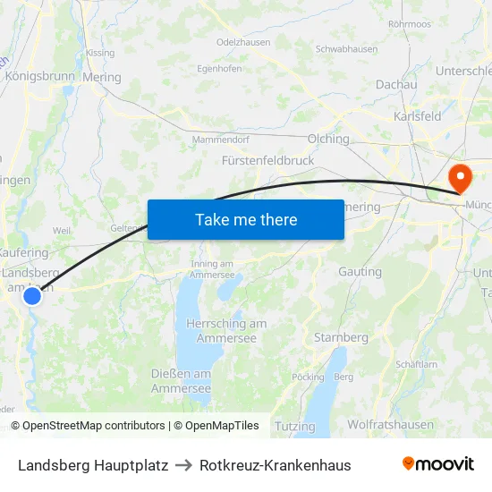 Landsberg Hauptplatz to Rotkreuz-Krankenhaus map