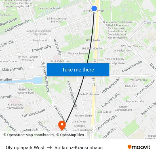 Olympiapark West to Rotkreuz-Krankenhaus map