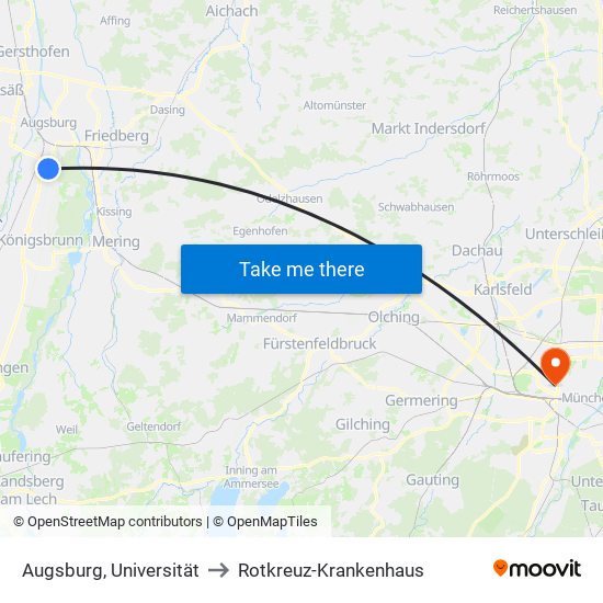 Augsburg, Universität to Rotkreuz-Krankenhaus map