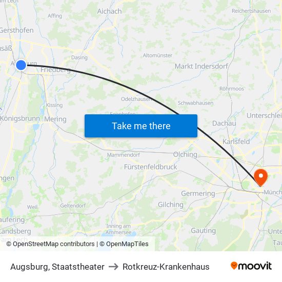 Augsburg, Staatstheater to Rotkreuz-Krankenhaus map