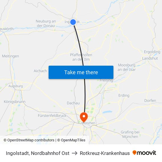 Ingolstadt, Nordbahnhof Ost to Rotkreuz-Krankenhaus map