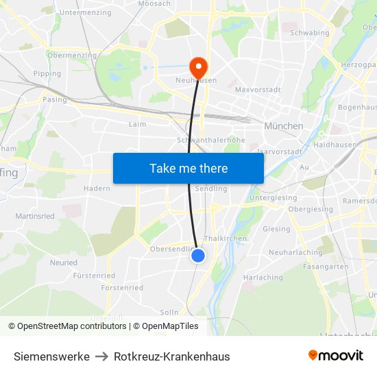 Siemenswerke to Rotkreuz-Krankenhaus map