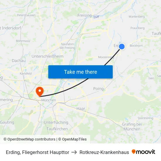 Erding, Fliegerhorst Haupttor to Rotkreuz-Krankenhaus map