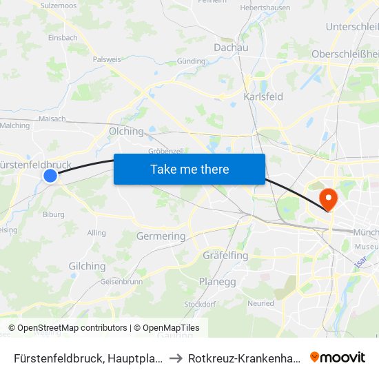 Fürstenfeldbruck, Hauptplatz to Rotkreuz-Krankenhaus map