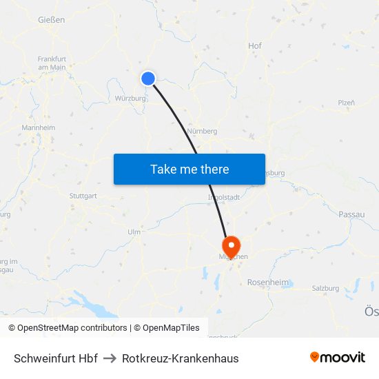 Schweinfurt Hbf to Rotkreuz-Krankenhaus map