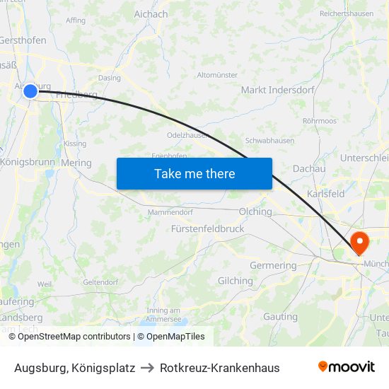 Augsburg, Königsplatz to Rotkreuz-Krankenhaus map