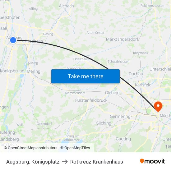 Augsburg, Königsplatz to Rotkreuz-Krankenhaus map