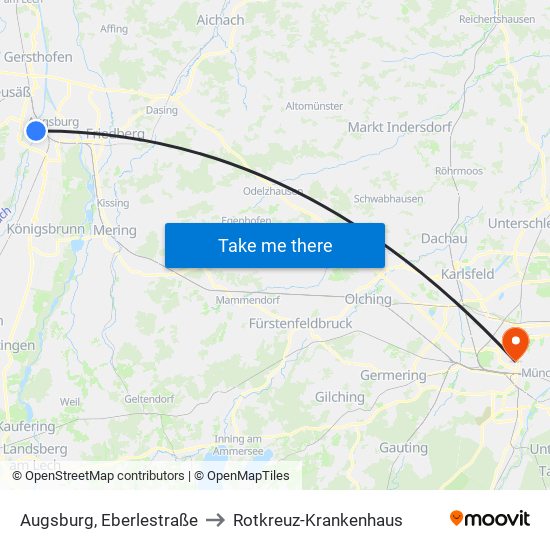 Augsburg, Eberlestraße to Rotkreuz-Krankenhaus map