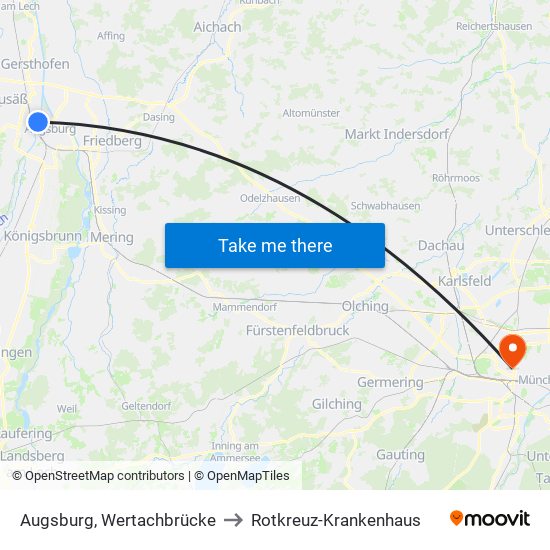 Augsburg, Wertachbrücke to Rotkreuz-Krankenhaus map