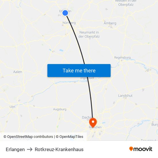 Erlangen to Rotkreuz-Krankenhaus map