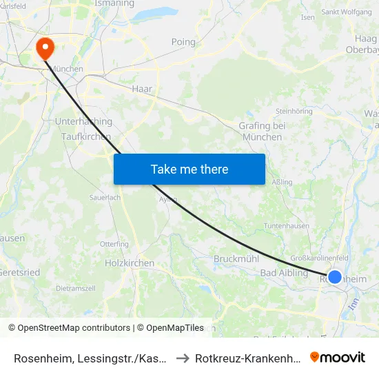 Rosenheim, Lessingstr./Kaserne to Rotkreuz-Krankenhaus map