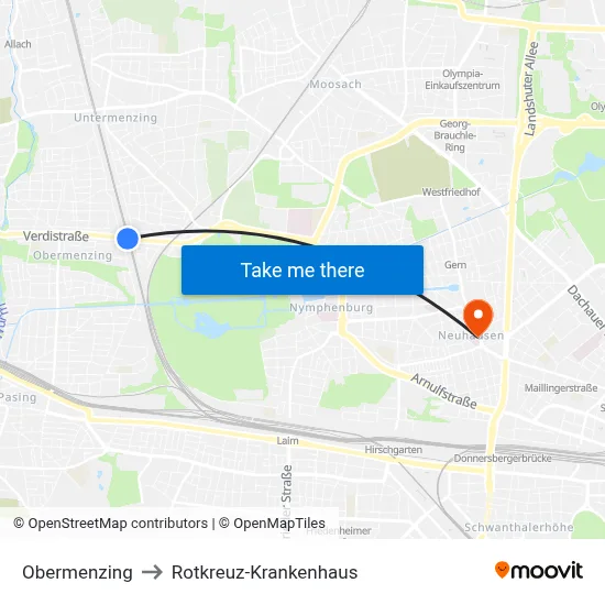 Obermenzing to Rotkreuz-Krankenhaus map