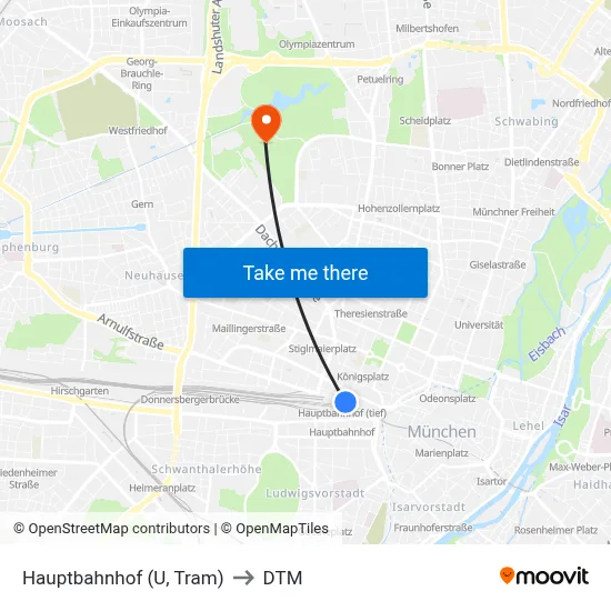 Hauptbahnhof (U, Tram) to DTM map