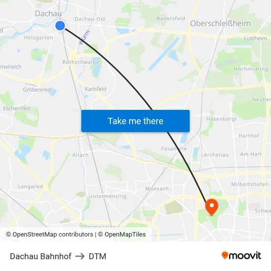 Dachau Bahnhof to DTM map