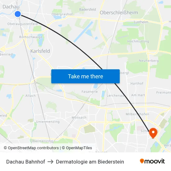 Dachau Bahnhof to Dermatologie am Biederstein map