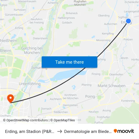 Erding, am Stadion (P&R-Platz) to Dermatologie am Biederstein map
