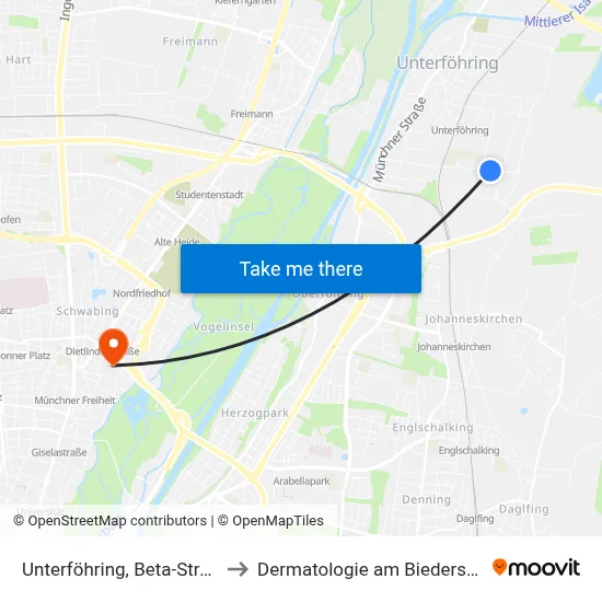 Unterföhring, Beta-Straße to Dermatologie am Biederstein map