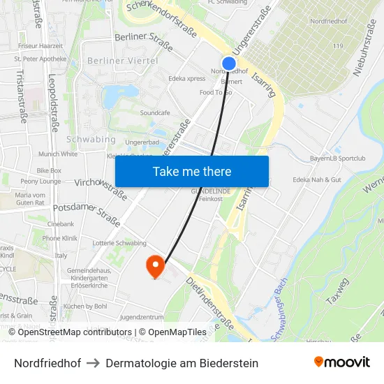 Nordfriedhof to Dermatologie am Biederstein map