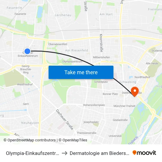 Olympia-Einkaufszentrum to Dermatologie am Biederstein map