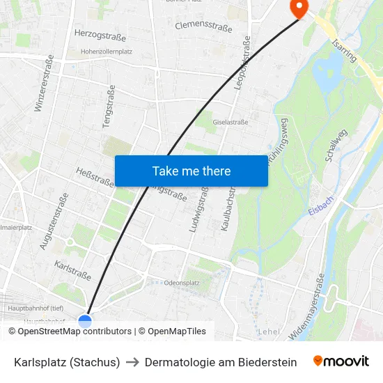 Karlsplatz (Stachus) to Dermatologie am Biederstein map