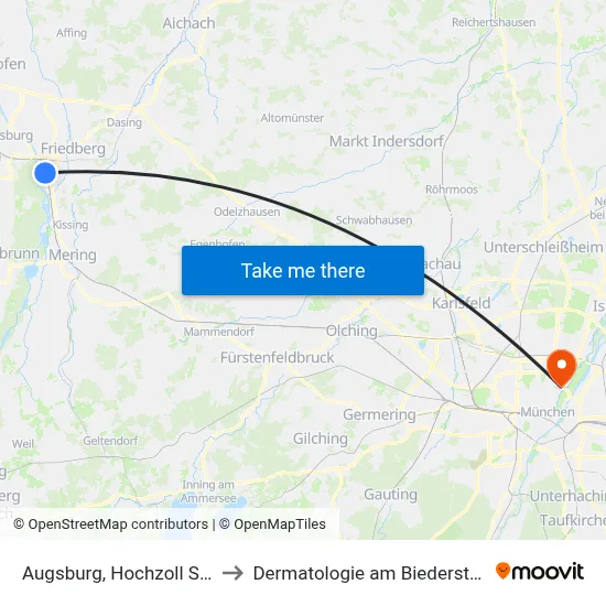 Augsburg, Hochzoll Süd to Dermatologie am Biederstein map