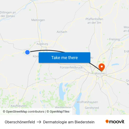 Oberschönenfeld to Dermatologie am Biederstein map