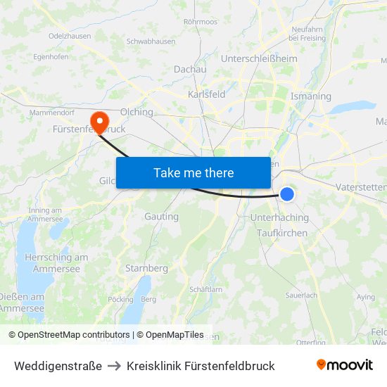 Weddigenstraße to Kreisklinik Fürstenfeldbruck map