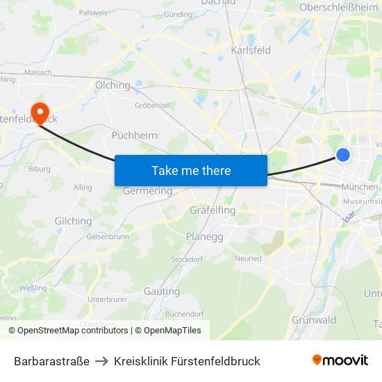 Barbarastraße to Kreisklinik Fürstenfeldbruck map