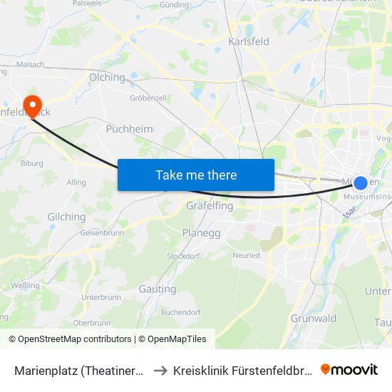 Marienplatz (Theatinerstr.) to Kreisklinik Fürstenfeldbruck map