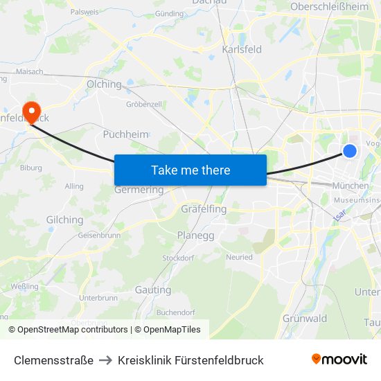 Clemensstraße to Kreisklinik Fürstenfeldbruck map