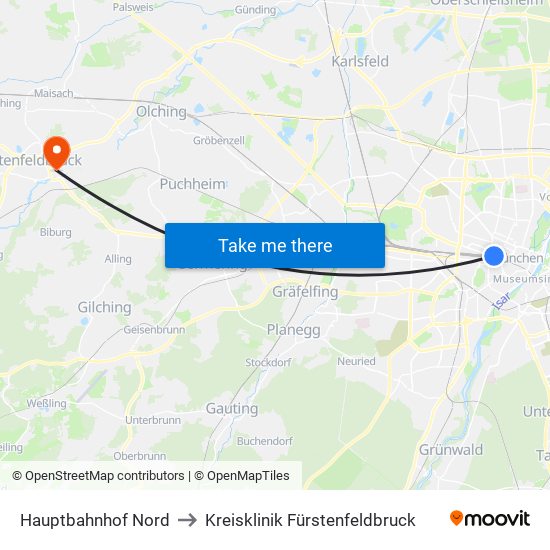 Hauptbahnhof Nord to Kreisklinik Fürstenfeldbruck map