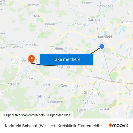 Karlsfeld Bahnhof (West) to Kreisklinik Fürstenfeldbruck map