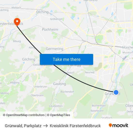 Grünwald, Parkplatz to Kreisklinik Fürstenfeldbruck map