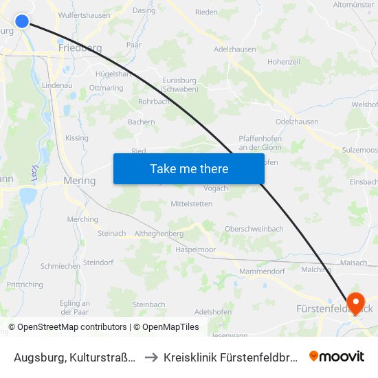Augsburg, Kulturstraße B to Kreisklinik Fürstenfeldbruck map