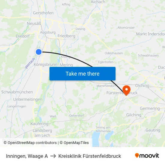 Inningen, Waage A to Kreisklinik Fürstenfeldbruck map