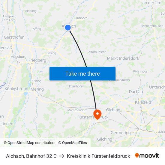 Aichach, Bahnhof 32 E to Kreisklinik Fürstenfeldbruck map